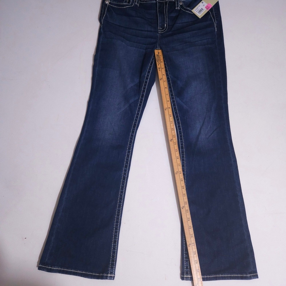 Miss Me Mid Rise Bootcut Jeans Dark Blue Sequin Embroidered Slim Fit 30x32 NEW - Picture 3 of 10
